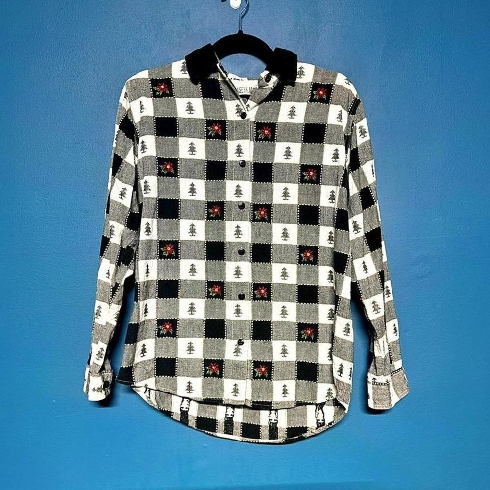 Vintage 90s Festive Blouse Women's Size Medium Plaid Christmas Poinsettia Twee